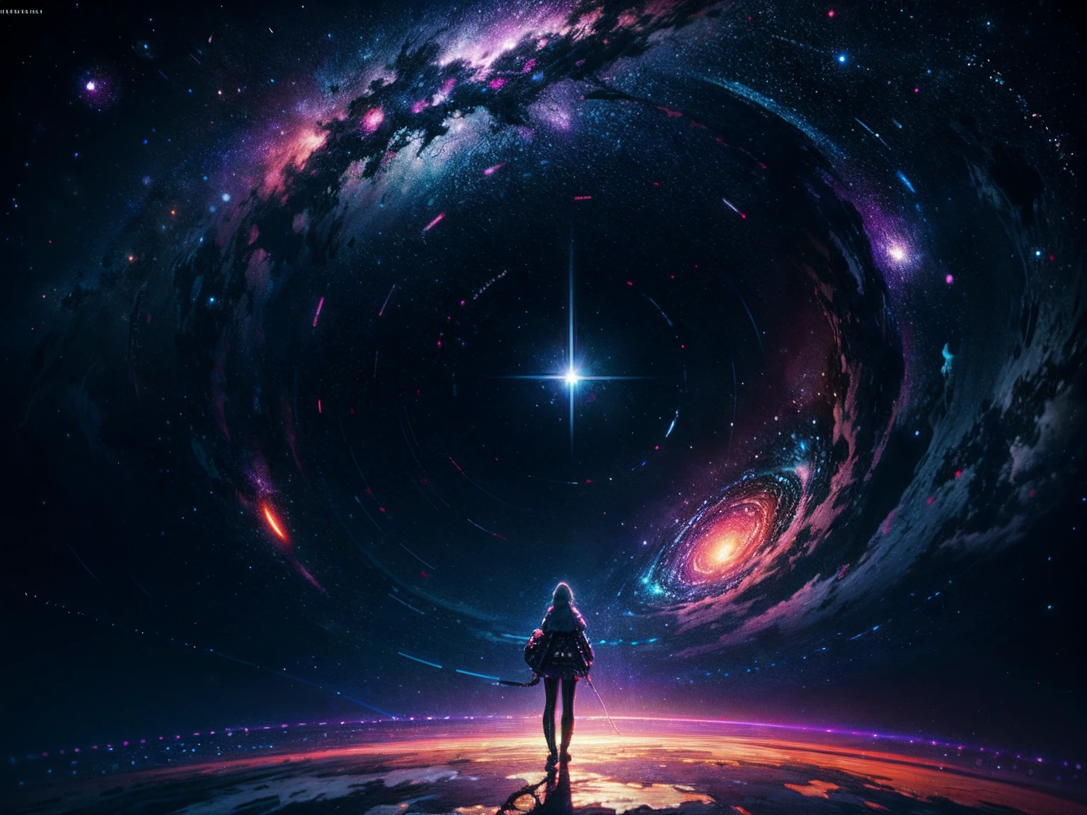 In the vast expanse of the cosmos, a breathtaking image unfolds before your eyes. In the heart of a starry galaxy, vibrant nebulae dance and swirl, their ethereal colors blending and intertwining. The scene is a symphony of cosmic beauty, with tendrils of interstellar dust and gas reaching out into the void. The stars shine with an otherworldly brilliance, illuminating the cosmic tapestry that stretches across the vastness of space. It is a visual feast for the senses, an awe-inspiring glimpse into the wonders of the universe. BREAK,Detailed,Realistic,4k highly detailed digital art,octane render, bioluminescent, BREAK 8K resolution concept art, realism,by Mappa studios,masterpiece,best quality,official art,illustration,ligne claire,(cool_color),perfect composition,absurdres, fantasy,focused,rule of thirds