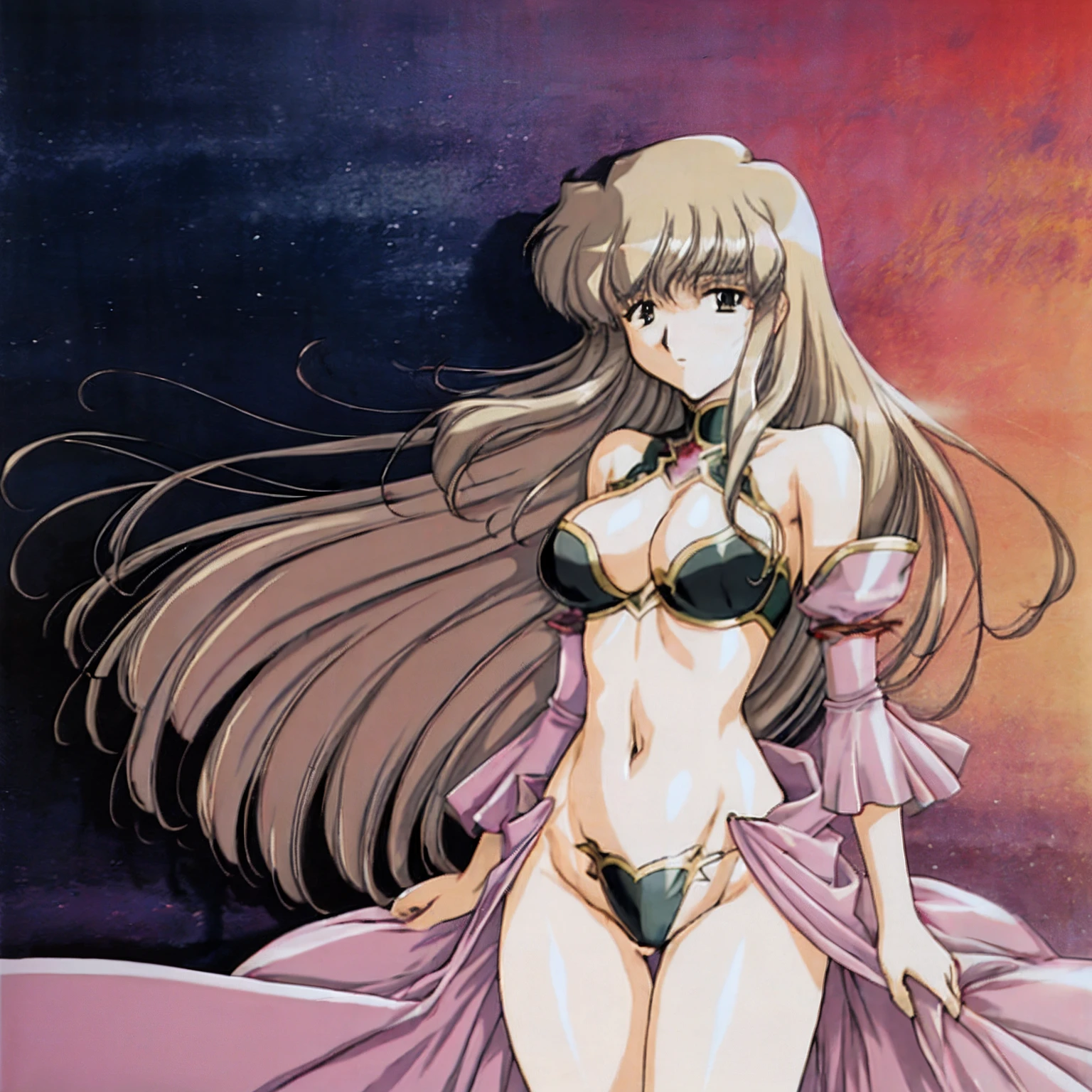 ova, urushisato, best quality, highres,phisically-based render, A beautiful woman in shiny jewelry, gorgeous, langrisser, shiny hair, shiny skin, floating hair,cleavage cutout, stomach cutout, skinny, narrow waist, long legs, sharp, urushisato, upper body, cowboy shot