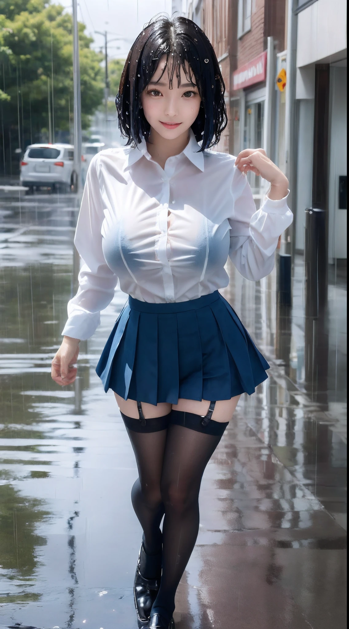(8K, 超A high resolution, Best Quality, masutepiece:1.2),(18year old:1.2)、(Look away)、8K、RAW portrait of japanese girl、Photorealsitic、超A high resolution、top-quality、 (huge-breasted、Close all buttons on the shirt:1.4)(student clothes、Pure White Cutter Shirt、Blue Check Pleated Mini Skirt:1.35)、(in a street:1.2) BREAK (Natural Skin Texture、Detailed skin、Hyper-Realism、ultra sharpness)、intricate detailes、depth of fields(Put a white shirt inside the skirt:1.3)、Show the armpits、Plaid Pleated Micro Mini Skirt(Black hair long straight、Shiny legs、Black loafers、Black stockings:1.3)(Open your legs wide to the sides、Bend your knees considerably、Crotch indirect:1.4)(rainy day、rain is falling、Rain-drenched body:1.4)