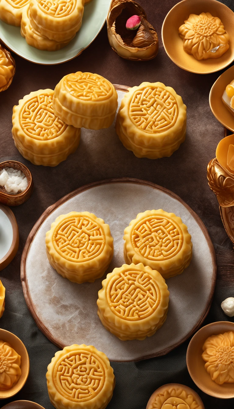 Commercial shooting, Cantonese egg yolk mooncakes, Mooncake size, poster for, Fresh style background, Booth lighting, China-style,Attractive, photorealistic colors, Ultra HD