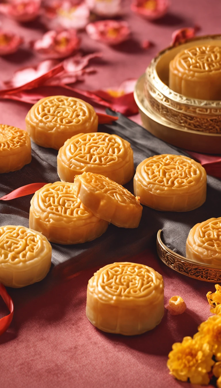 Commercial shooting, Cantonese egg yolk mooncakes, Mooncake size, poster for, Fresh style background, Booth lighting, China-style,Attractive, photorealistic colors, Ultra HD