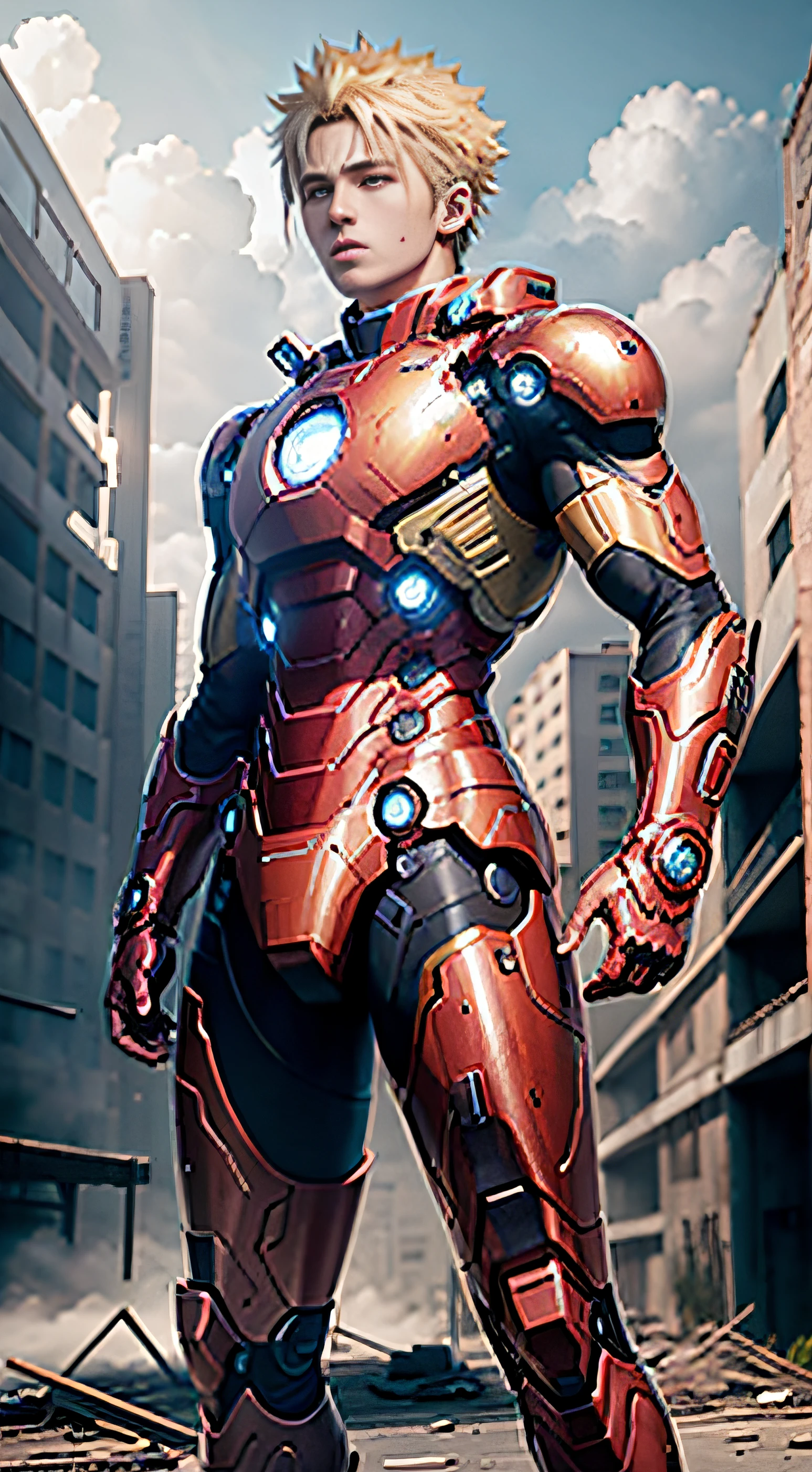 RAW, Masterpiece, Ultra Fine Photo,, Best Quality, Ultra High Resolution, Photorealistic, Sunlight, Full Body Portrait, Dynamic Poses, Delicate Face, Vibrant Eyes, (Side View) , NARUTO UZUMAKI is wearing a futuristic Iron Man mech, red and gold color scheme, highly detailed abandoned warehouse background, detailed face, detailed and complex busy background, messy, high detailed skin, realistic skin details, visible pores , sharp focus, volumetric fog, 8k uhd, dslr camera, high quality, film grain, fair skin, photorealism, lomography, sprawling metropolis in futuristic dystopia, view from below, translucent