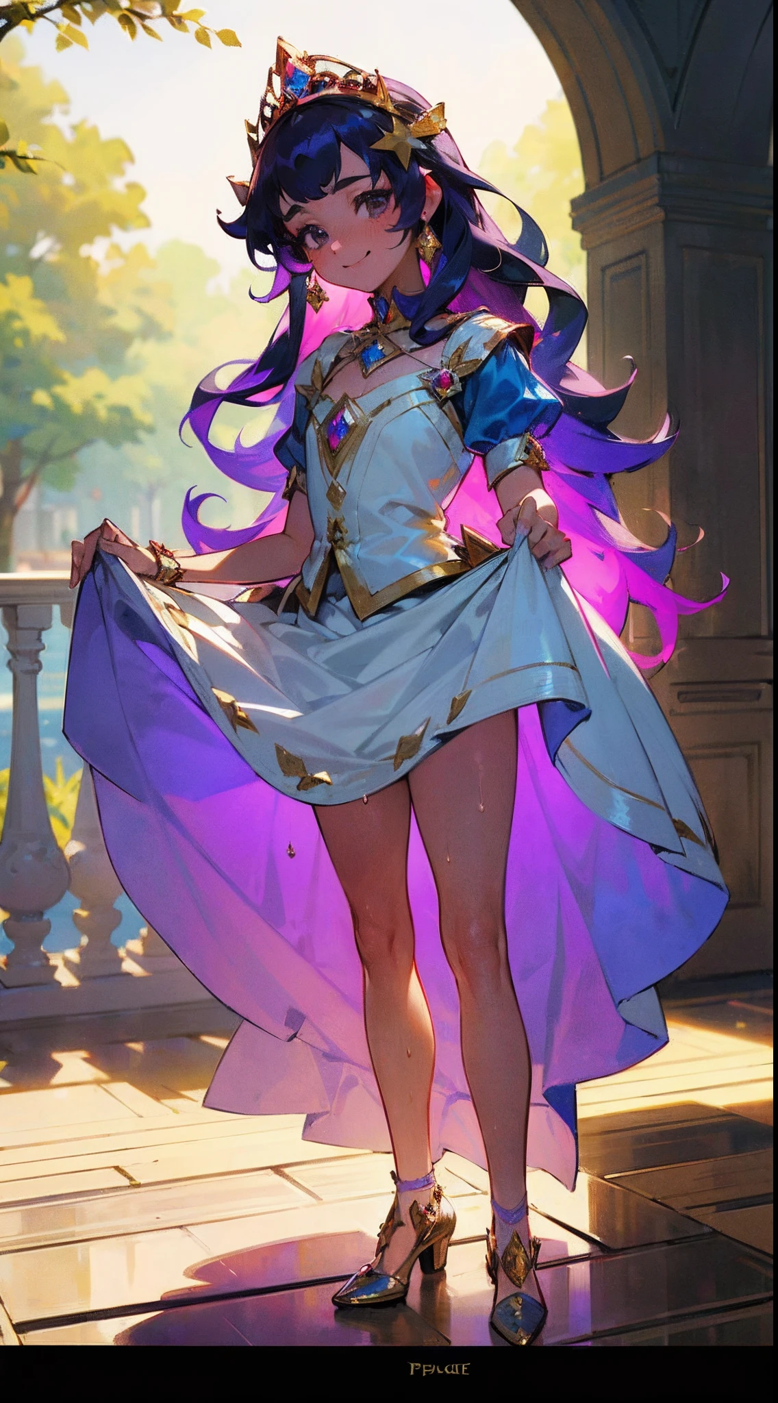 {{{masterpiece}}}, {{{best quality}}}, {{ultra-detailed}},  {{an extremely delicate and beautiful}},(nsf), (Best quality, 8k, 32k, Masterpiece, UHD:1.2),Photo of Pretty girl, top quality, best quality, realistic, unity, 8k wallpaper, official art,(10yo),(Child),(best princess in the world:1.5),(princess dress with lots of embellishments:1.5),(hair ornaments:1.3),(smile:1.3),(sweaty skin:1.5),(colorful hair:1.5),(long hair:1.3),(on the palace balcony:1.3),(,(full body:1.2),(skirt lift by myself :1.5),(Midsummer:1.5),(spread legs:1.2)