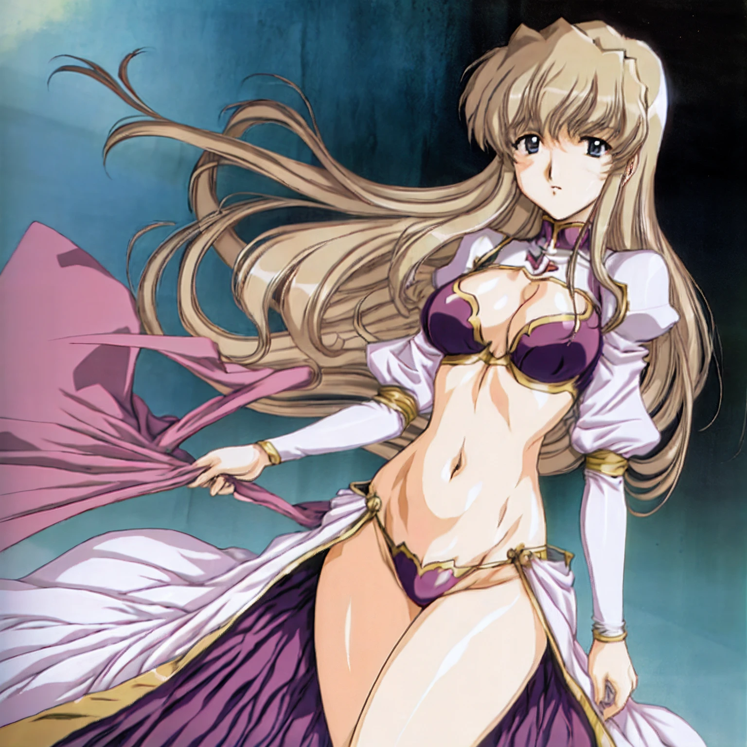 ova, urushisato, best quality, highres,phisically-based render, A beautiful woman in shiny jewelry, gorgeous, langrisser, shiny hair, shiny skin, floating hair,cleavage cutout, stomach cutout, skinny, narrow waist, long legs, sharp, urushisato, upper body, cowboy shot