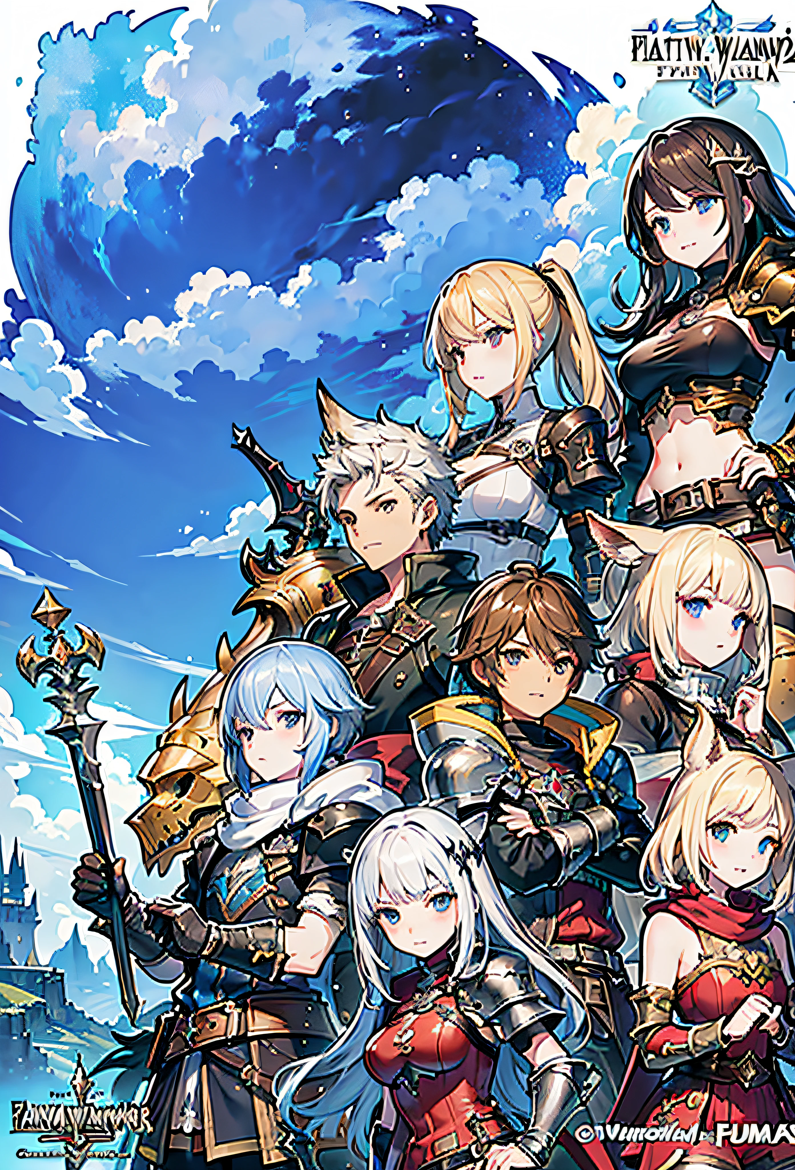 a group of people with swords and armor standing in front of a sky, granblue fantasy, final fantasy 14 style, final fantasy fan art, crisp clear rpg portrait, ffxiv heavensward, final fantasy style, final fantasy 1 2 style, final fantasy xiv: endwalker, key art, final fantasy artwork concept, ffxiv, from final fantasy, detailed key anime art, best quality, there are many people in a field with a castle in the background, key art, final fantasy artwork concept, hq artwork, square enix cinematic art, boris valejo. octopath traveler, high detailed official artwork, final fantasy 1 4, final fantasy xiv, final fantasy 14 style, game key art, ffxiv, final fantasy 14 sharp, rpg artwork, masterpiece, high quality, best quality, high detail, perfect draw, official artwork, detailed cover artwork, key art, promo art, album art, front cover of a new video game, enhanced, official art, anime cover, board game cover art, promotional art, box art, album art cover, game cover, battle chasers, official anime artwork, album cover, high quality face, high quality hand, by bestiary_style, males and females, fantasy rpg, warrior, armor, sword, high detailed faces, multicolor eyes,