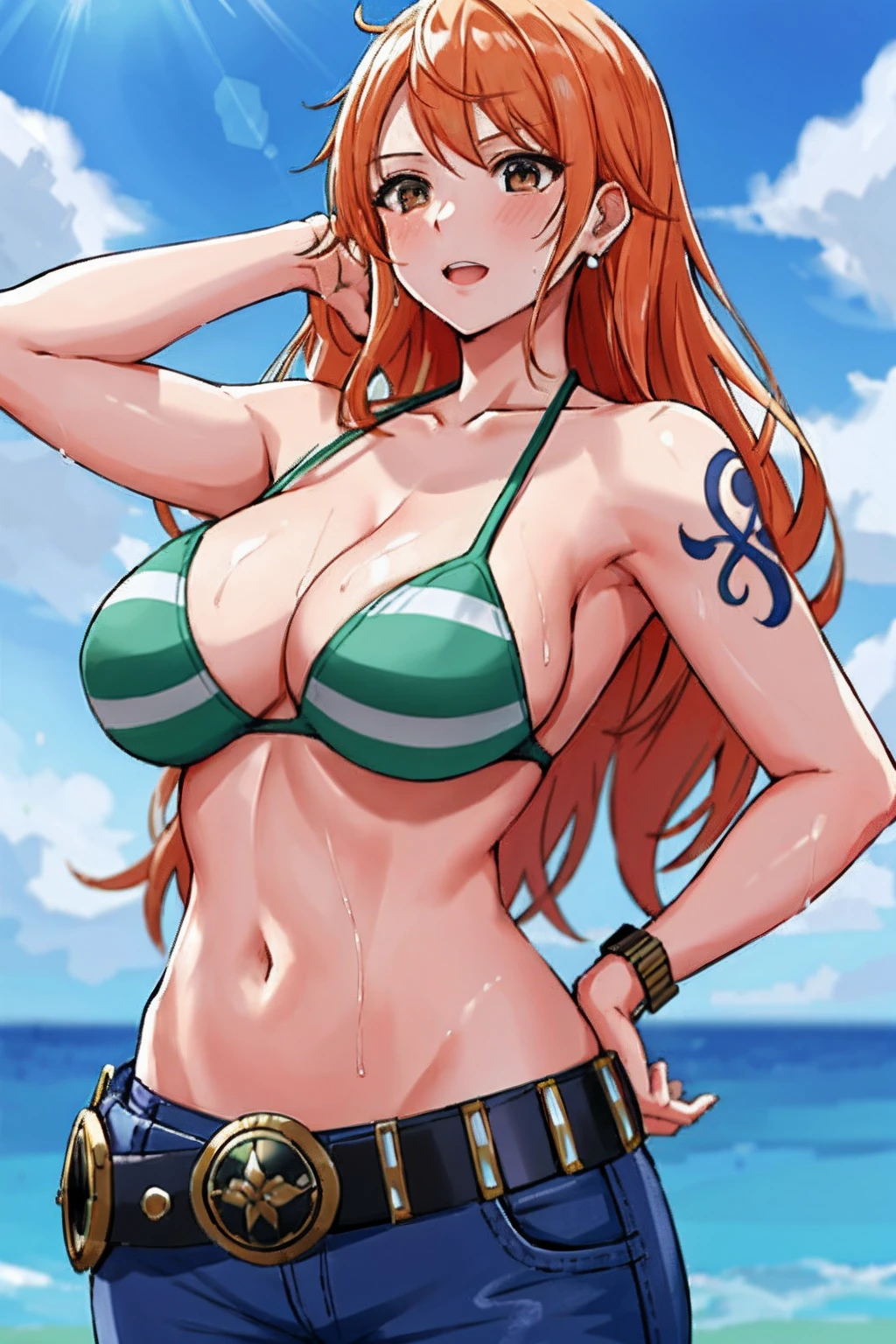 detailed background, masterpiece, 4k, epic, best quality, late youth, adult, wrestler body, strong, 1girl, active, energic, (large mouth) , solo, nami \(one piece\), 1girl, bangle, (very wet, drenched in sweat, sweat all over body, very wet hair, tired, open mouth, exhausted, shouting, sweaty face, sweaty body, sweating too much, shiny sweat, leaning, hands on hips, serious, glaring, open eyes, perfect detailed face, round face, sweat on face) bold drawing lines, muscular arms, detailed bold arm lines, flat jaw, adult woman, wavy wide streaked bangs, floating bang, (big cheeks), bare shoulders, off-shoulders, belt, bikini, bikini top only, blue sky, bracelet, ((huge breasts)), springy breasts, breast lines, big round eyes, very big brown shiny eyes, bubbles, high eye position, cleavage, cloud, day, denim, earrings, floating hair, shiny hair, green belt, green bikini, bold groin lines, jeans, jewelry, medium breasts, log pose, long hair, looking at viewer, big navel, wet hair, orange hair, pants, shoulder tattoo, sidelocks, sky, solo, standing, stomach, swimsuit, tattoo , looking at viewer, open mouth, detailed left arm, big forehead, hourglass figure, small head, toned body, wide hair, wind effect, sun effect, under the sun, narrow small ears angle, older, random poses,