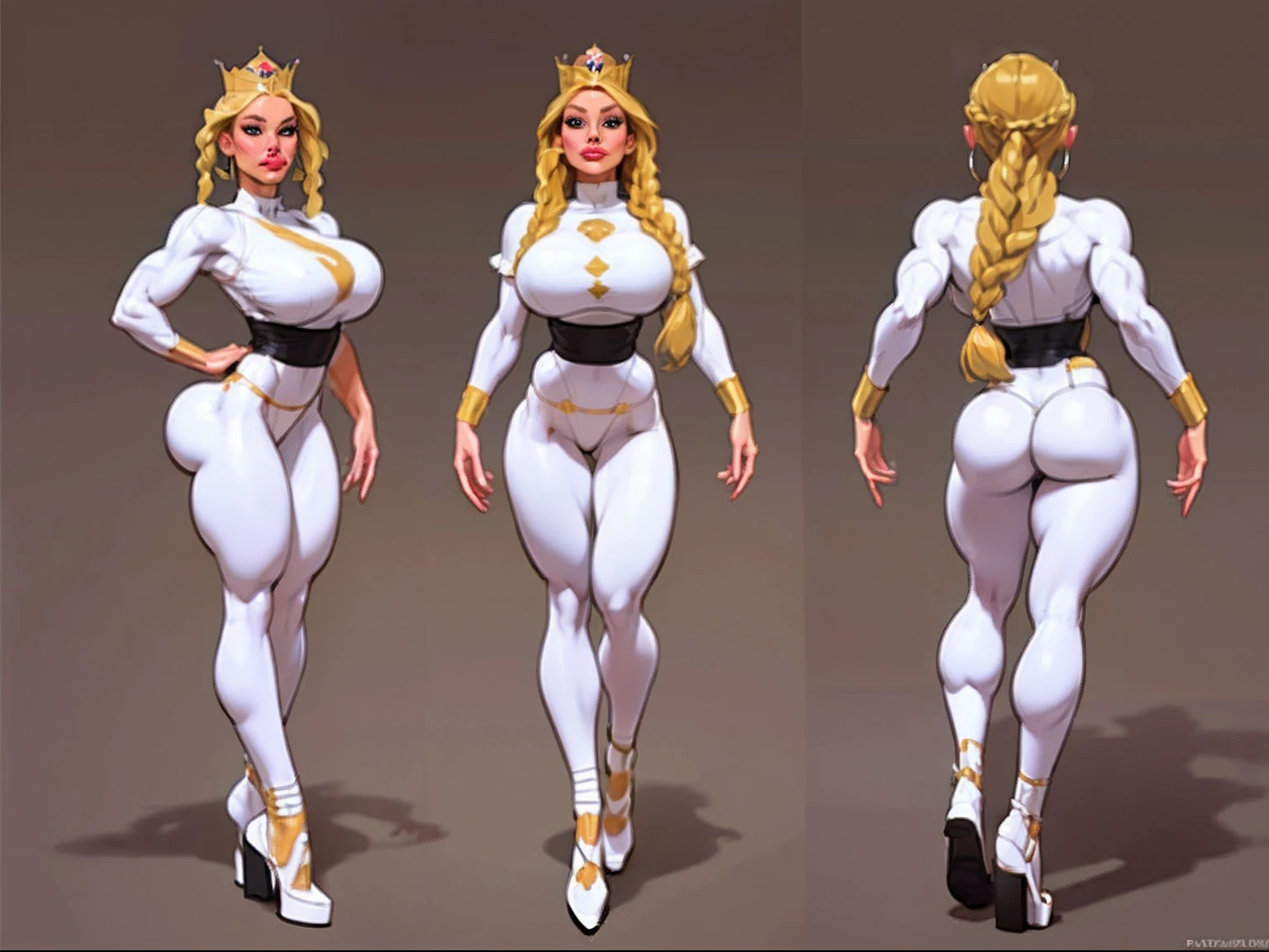 ((masterpiece)),(((best quality))),((character design sheet)), illustration,1woman, environment Scene change, (long braided hair:1.4),((Queen:1.5)), muscular, black legs, (big eyes:1.4), thick legs, (pale skin:1.3)scribbles and marks, light white dress, ((detailed face:1.1)), rough sketches, (puffy lips:1.6), pose too, ((brunette hair:1.2)), (queen warrior:1.3) , 8k,16k, (simple background, light background: 1.3)