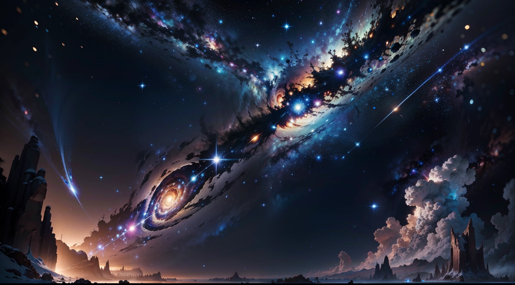 Masterpiece, Best quality, High quality, Extremely detailed Cg Unity 8K wallpaper, Depth of field, Photorealistic,Extremely detailed, Intricate, High detail, Universe, space, milky ways, stars, planetes, astronault, kosmos, Celestial, Starcloud, black hole, solar system, cosmic rays, supernova, Deep space, astronomical objects。Extremely large,shock,The feeling of smallness,Huge stars