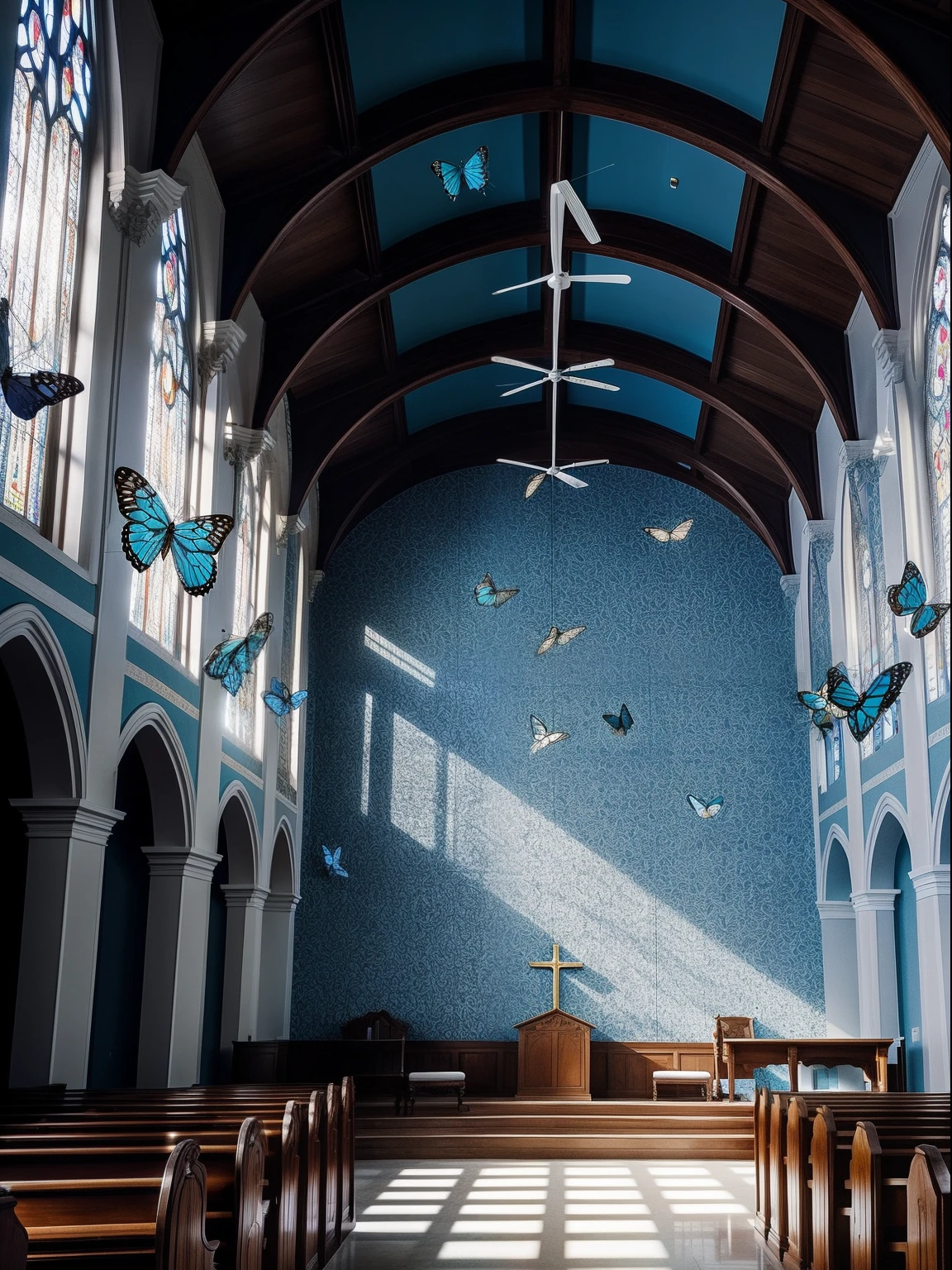 In church，Stand in a flock of butterflies，Many butterflies，Huge floor-to-ceiling windows，brightly，Many blue butterflies，Many small butterflies，Flocks of butterflies fly，Photographic works，