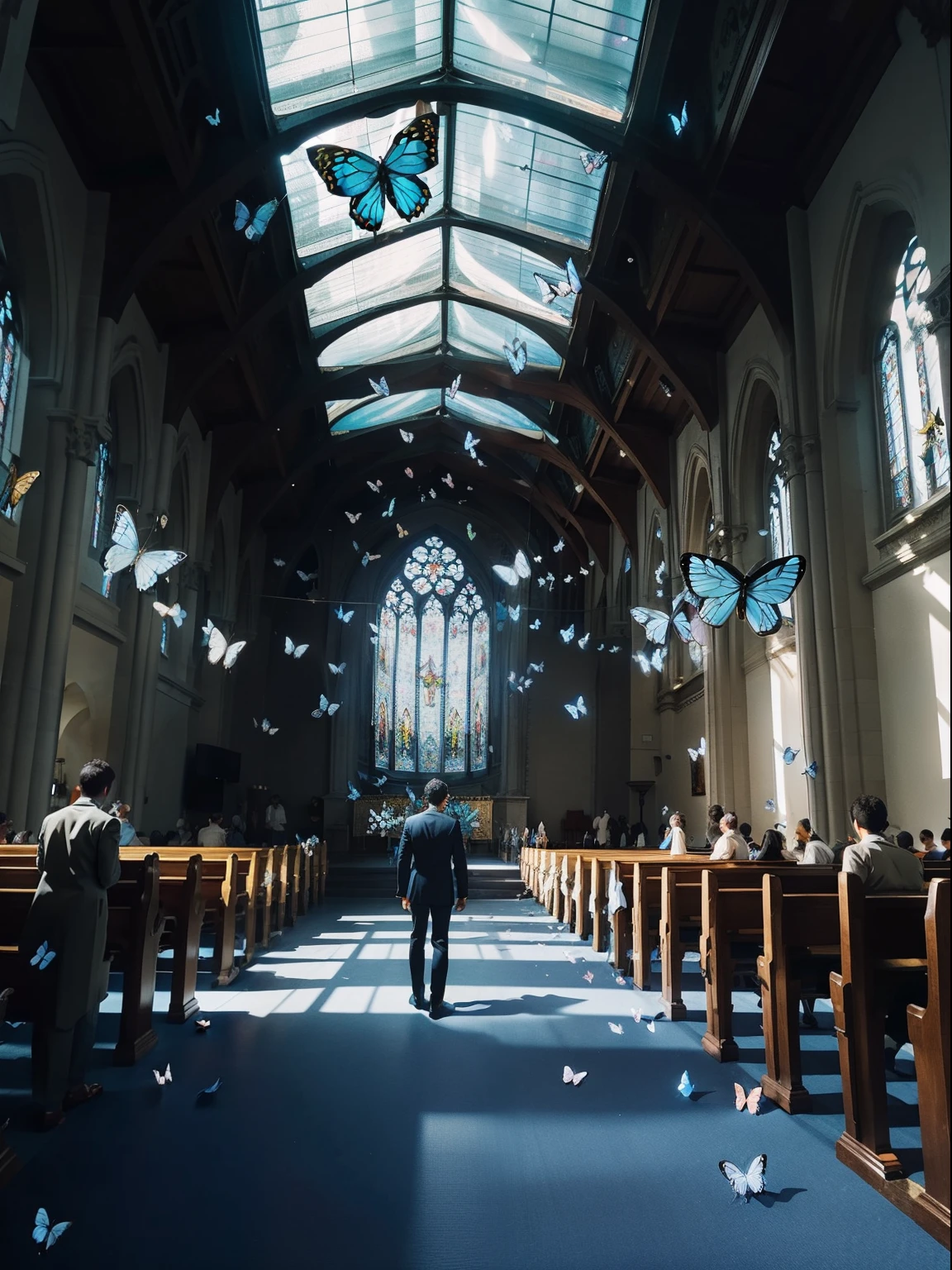One guy,In church,Stand in a flock of butterflies,Butterflies surround people,Many butterflies,symetrical composition,Huge floor-to-ceiling windows,brightly,Many blue butterflies,Many small butterflies,Flocks of butterflies fly,Photographic works,orthofacial,