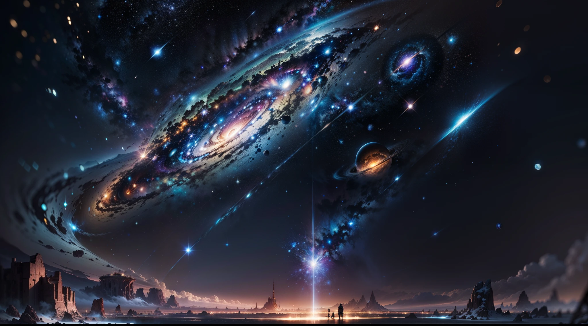 Masterpiece, Best quality, High quality, Extremely detailed Cg Unity 8K wallpaper, Depth of field, Photorealistic,Extremely detailed, Intricate, High detail, Universe, space, milky ways, stars, planetes, astronault, kosmos, Celestial, Starcloud, black hole, solar system, cosmic rays, supernova, Deep space, astronomical objects。Extremely large,shock,The feeling of smallness,Huge stars