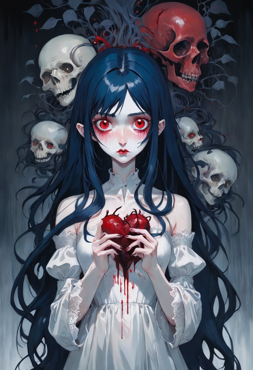 kristen stwart look alike, deep dark blue hair, long hair, red eyes, holding a bleeding heart, holding a human heart, Doll. white lace dress, In the style of Adrian Ghenie, Esao Andrews, Jenny Saville, Edward Hopper, surrealism, Dark Art par James Jean, Takato Yamamoto, Minimalisme inkpunk. Dans le style Tim Burton. Dans le style Addams Family. Dans le style Corpse Bride.