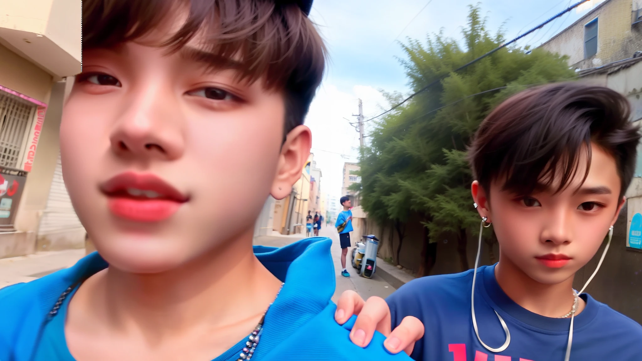 there are two boys standing next to each other on the street, tiktok video, low quality video, cute boys, with accurate face, youtuber, shot on gopro9, low quality footage, 8k selfie photograph, youtube video screenshot, with a kid, selfie photography, in city street, sd video, very very low quality picture, with village, in a street