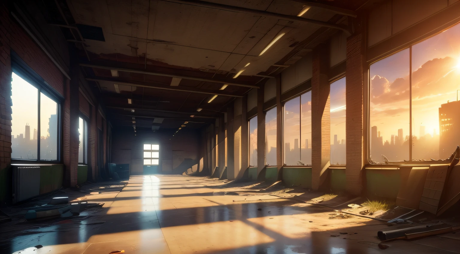 Game lobby background,Abandoned warehouses,Armageddon,The sun can shine in,You can see the city buildings outside the windows,eventide,The warehouses were full of weapons and materiel