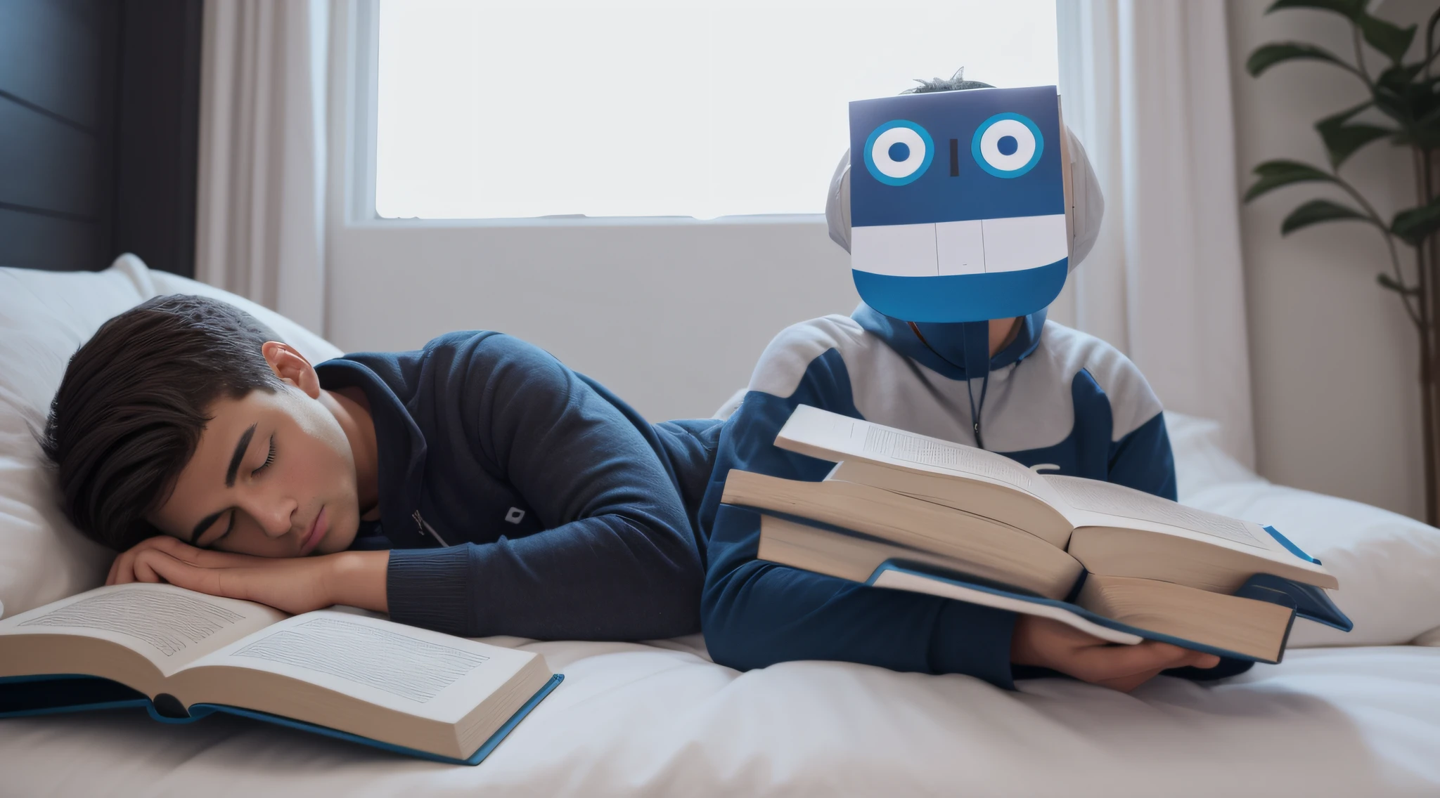 Put the With a book in your hand, with his head down and looking at the book, estudando