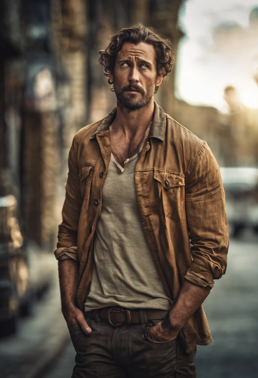 "rugged man with a strong jawline, intense gaze, and tousled hair, exuding a sense of mystery and adventure."