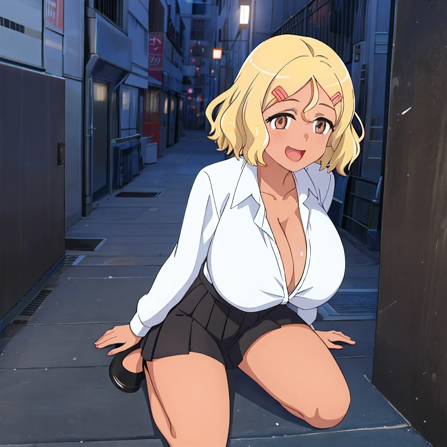 1girl, solo,sitting, city alley,night city \(city\), stealth in the city, masterpiece, school girl, white shirt, black paleted skirt, professional artwork, famous artwork, perfect face,(glowing eyes:1), beautiful face, intense look,Sakura, blonde hair, hair ornament, hairclip, smile, open mouth, brown eyes,dark skin, glowing eyes, ((huge breasts)), show cleavage, open shirt, short hair, background city,looking away from viewer, on your knees with your legs open