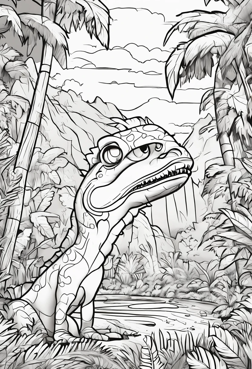 coloring book of a dinousar in the forest,cartoon style,thick lines,no color,white background,only strokes