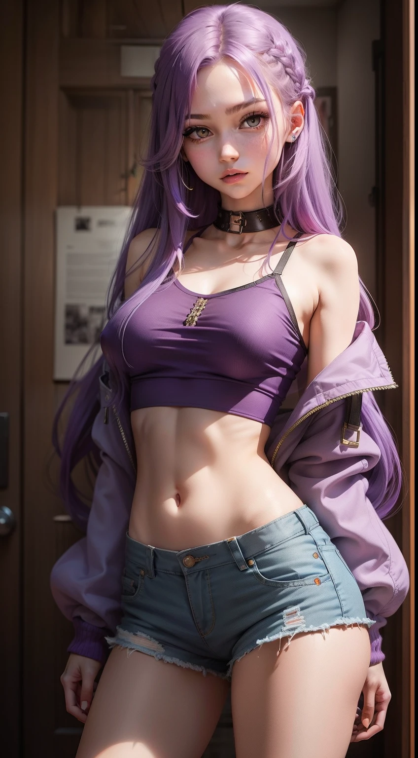 Girl with long purple hair, Slim, pretty, little chest, in shorts