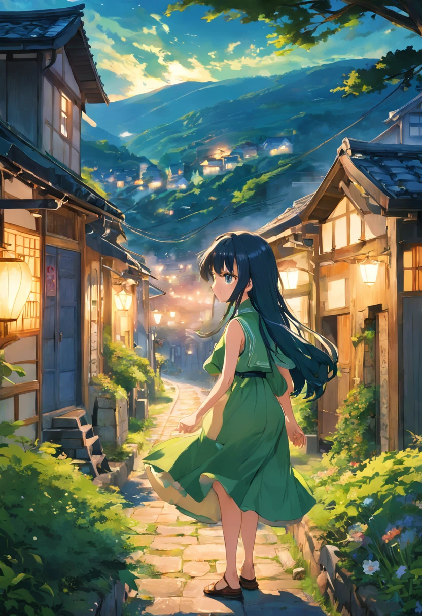 Nori, a vibrant 30-year-old, stands amidst the idyllic embrace of her quaint town. The rolling green hills cradle the town like a protective embrace, and charming cottages with sloping roofs dot the landscape. The air carries a hint of nostalgia, as if time here moves a little slower, allowing for the appreciation of life's simplest pleasures. The sun, casting a warm golden hue, bathes the scene in a gentle glow, reflecting Nori's youthful spirit and the dreams that shimmer in her eyes.