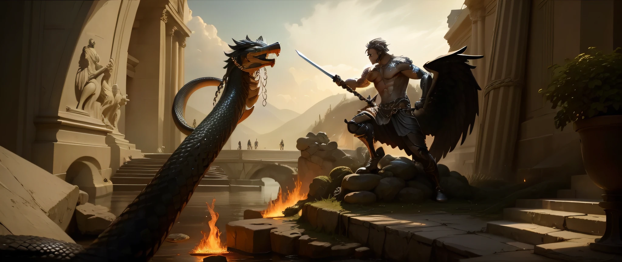 "Enhance the intensity of the fire in the background, lengthen the sword, increase the number and length of the snakes on Medusa, and add wings to Perseus."