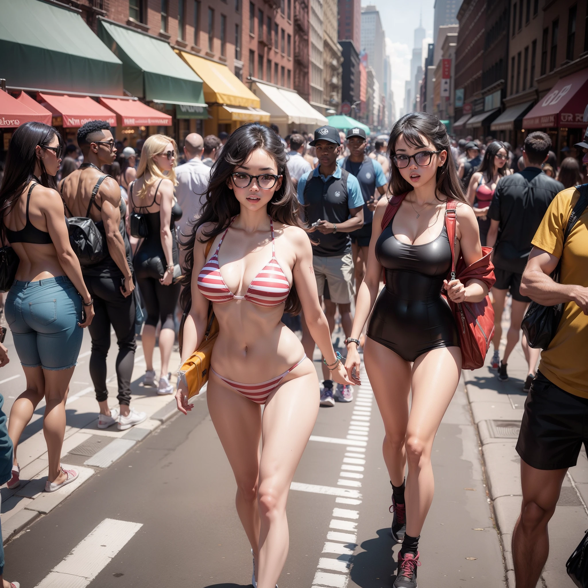 New York City street with all the people in bathing suits.