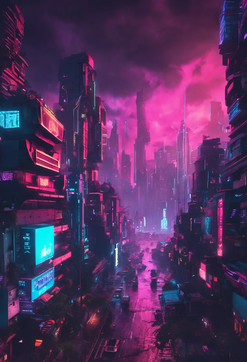 landscape, cyberpunk-esque city, skyscrapers, night-time, neon lights, rainy weather