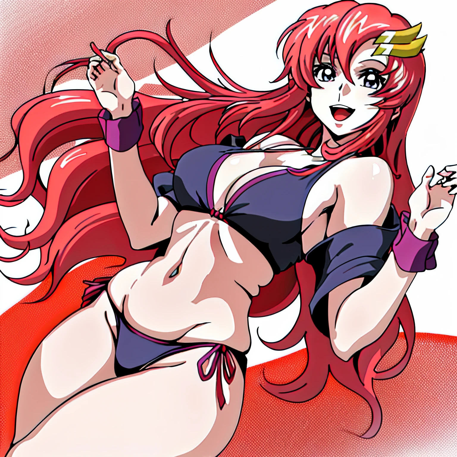 (masutepiece, 4K, Best Quality, Anime style: 1.9, bold drawing lines, High color saturation, Space background, Detailed face, tall, Adult Woman, lovely, (White background), Drawing lines, hight resolution, Anime, lacus4. (Bikini), 1girl in, Solo, curvy figure, Long hair, 鎖骨, scapular, Wavy Hair, Detailed wide hair bangs, thighs, Hair Ornament, Detailed reddish-pink hair, large hands, Big blue eyes, Off-shoulder, medium breasts, Smile, open mouth very much, very slim belly, Dancing, Very happy, pink micro bikini