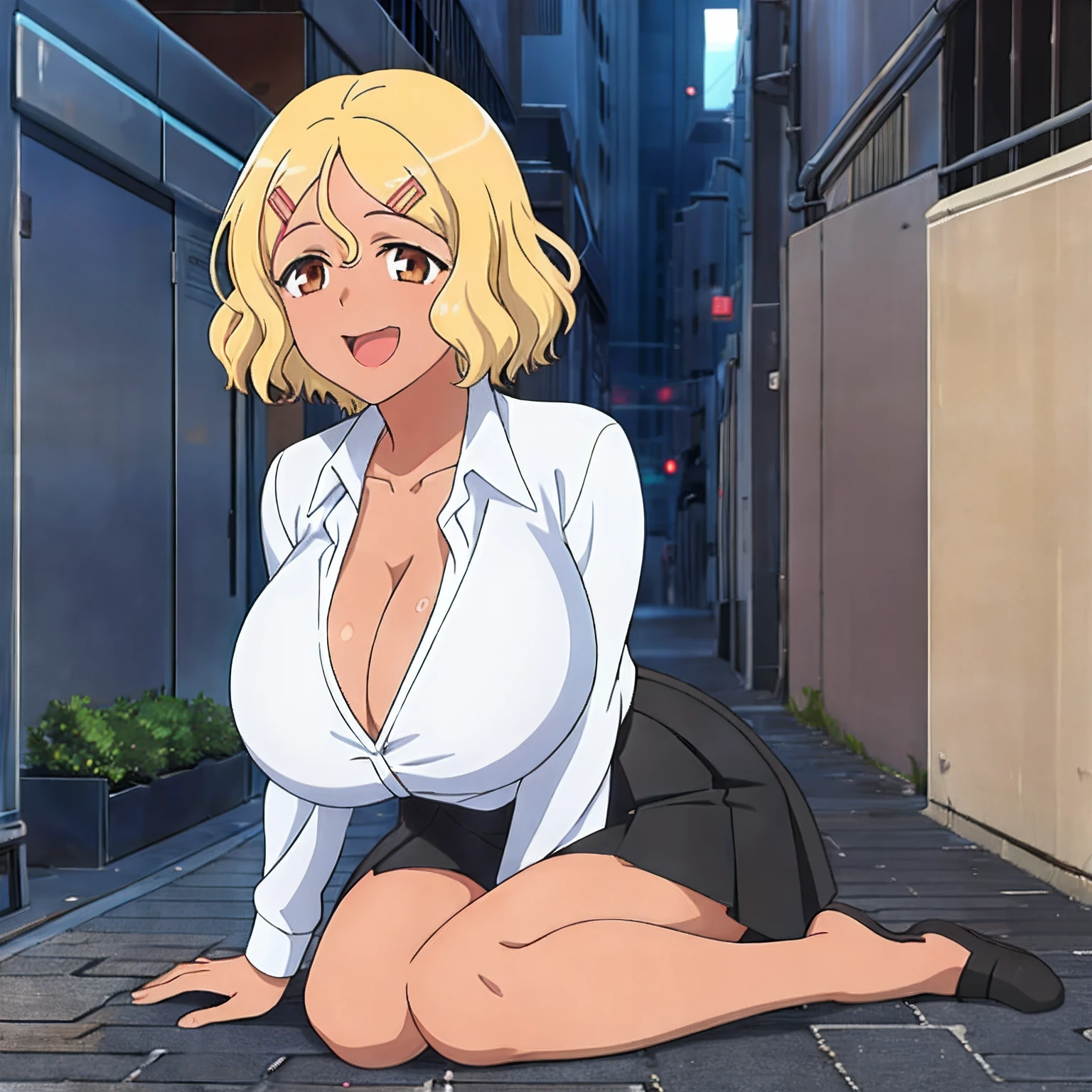 1girl, solo,sitting, city alley,night city \(city\), stealth in the city, masterpiece, school girl, white shirt, black paleted skirt, professional artwork, famous artwork, perfect face,(glowing eyes:1), beautiful face, intense look,Sakura, blonde hair, hair ornament, hairclip, smile, open mouth, brown eyes,dark skin, glowing eyes, ((huge breasts)), show cleavage, open shirt, short hair, background city,looking away from viewer, on your knees with your legs open