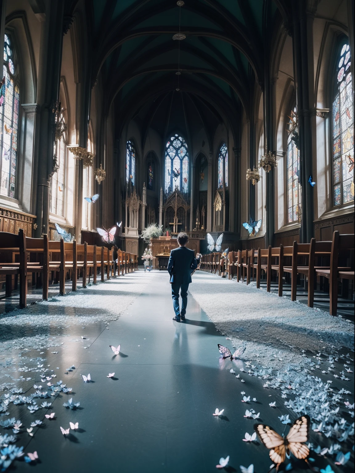 One guy,In church,Stand in a flock of butterflies,Butterflies surround people,Many butterflies,symetrical composition,Huge floor-to-ceiling windows,brightly,Many blue butterflies,Many small butterflies,Flocks of butterflies fly,Photographic works,orthofacial,
