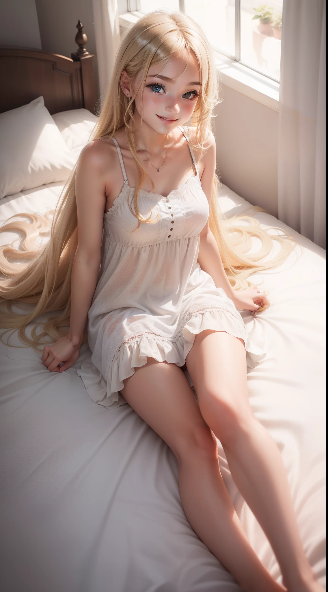 Cute blonde 20-year-old girl with long messy hair in a short white sundress lying down on a bed, smiling, full body, top view