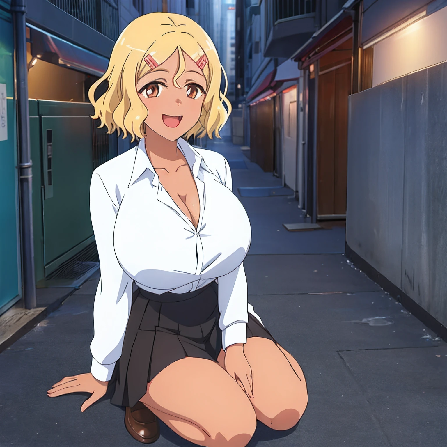 1girl, solo,sitting, city alley,night city \(city\), stealth in the city, masterpiece, school girl, white shirt, black paleted skirt, professional artwork, famous artwork, perfect face,(glowing eyes:1), beautiful face, intense look,Sakura, blonde hair, hair ornament, hairclip, smile, open mouth, brown eyes,dark skin, glowing eyes, ((huge breasts)), show cleavage, open shirt, short hair, background city,looking away from viewer, on your knees with your legs open