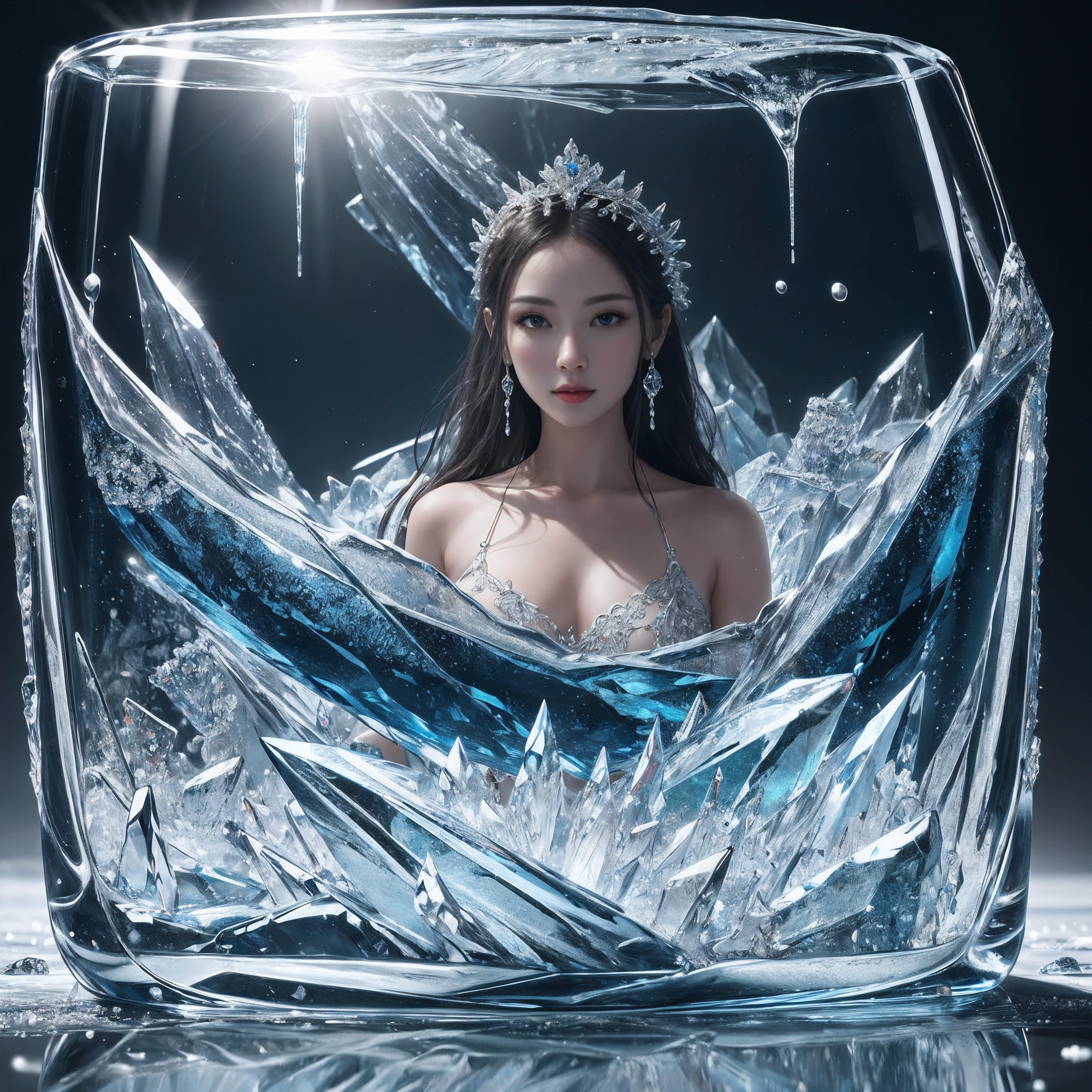 A masterpiece of glass sculpture with a woman inside、Eau、Shines、Fantasia、hightquality、high detailing、top-quality、nffsw、4K、8K、Icicles、Trapped in the ice