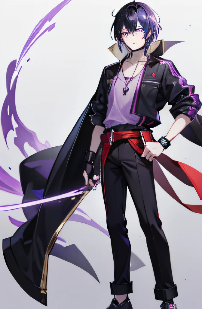 1boy, anime guy with long black hair with purple highlights, purple eyes, wearing a short-sleeved violet shirt, black trousers, a short open purple jacket with black sleeves, brown sandal boots with white socks, a metal pendant around his neck, black fingerless gloves, red cloth tied around his waist.