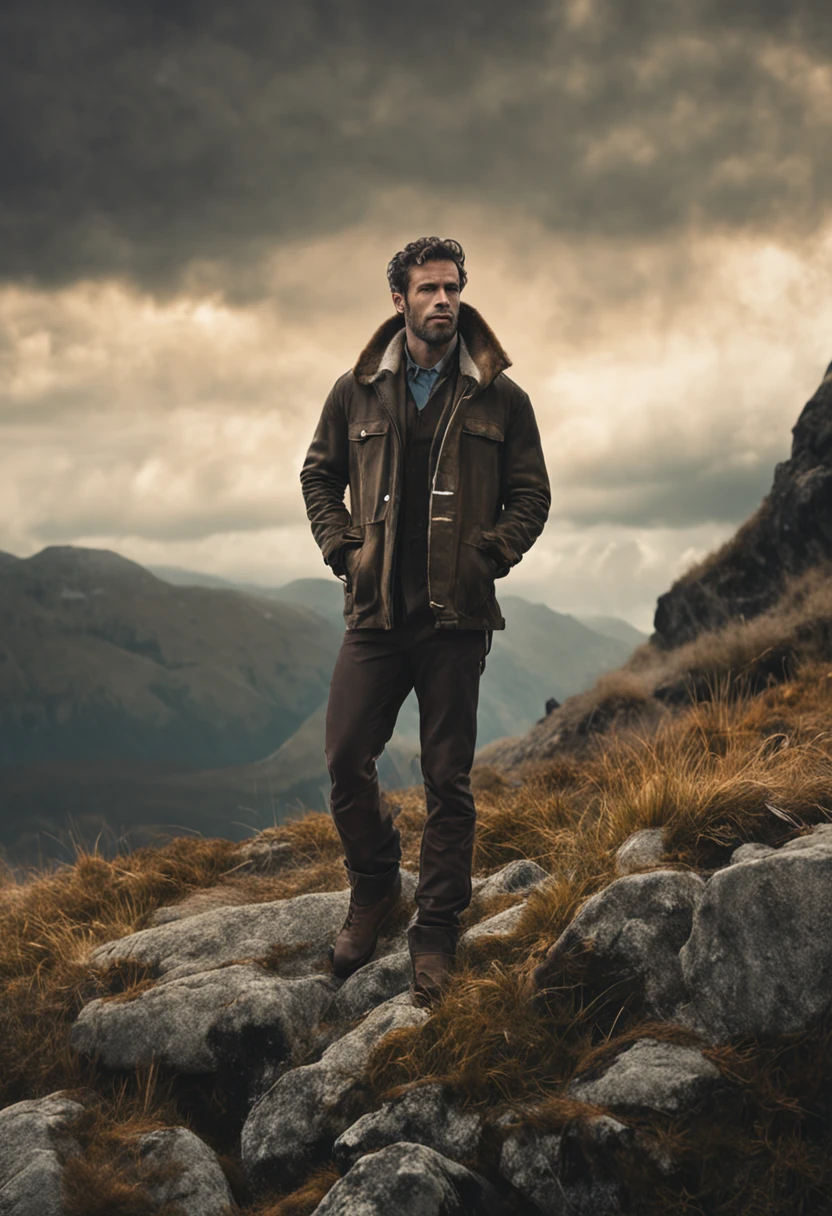 "rugged man with a strong jawline, intense gaze, and tousled hair, exuding a sense of mystery and adventure."