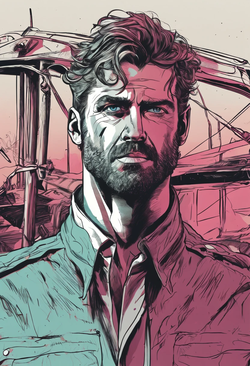"rugged man with a strong jawline, intense gaze, and tousled hair, exuding a sense of mystery and adventure."