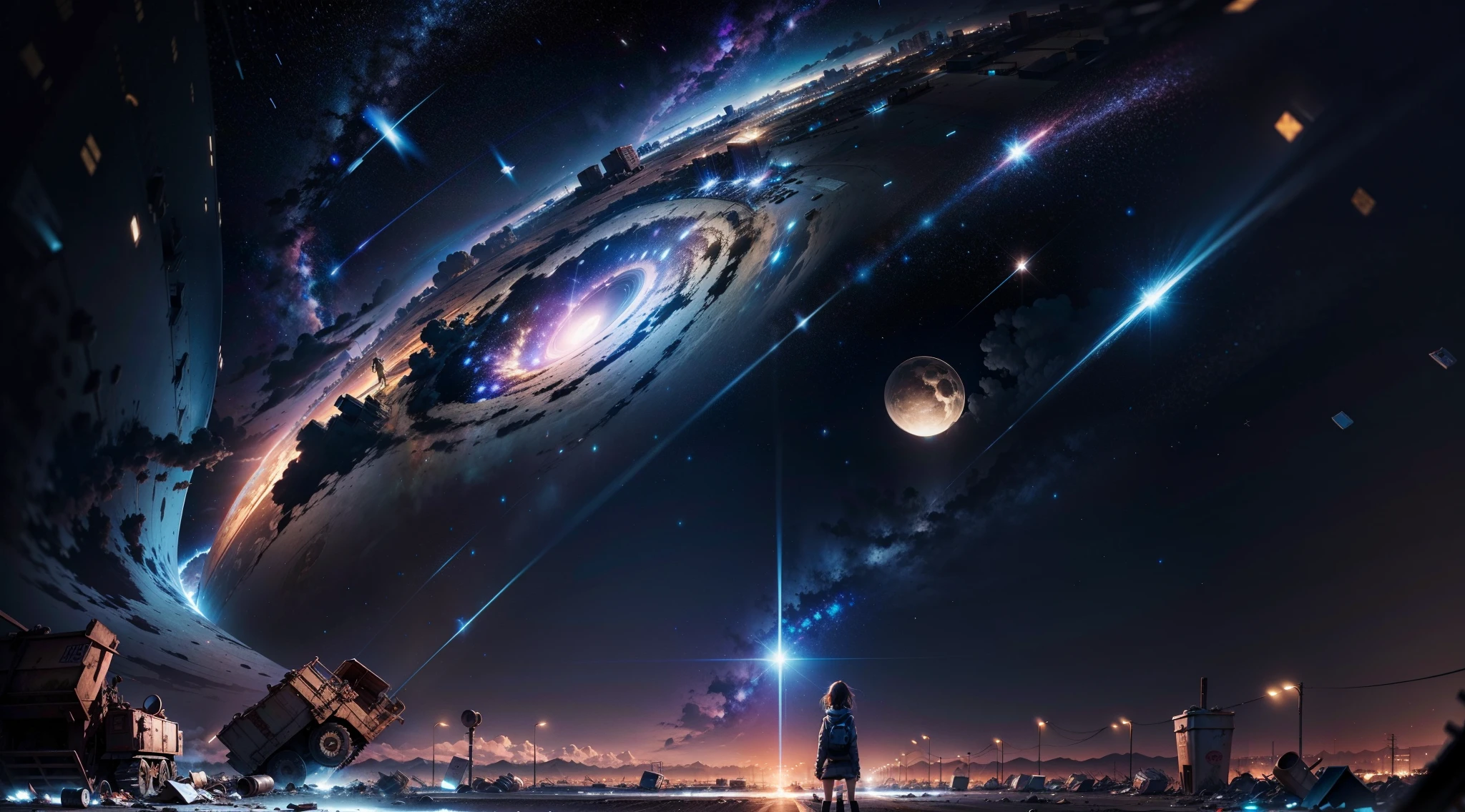 A skinny, slightly worn girl is looking up at the sky,Lots of garbage machine piles next to it。Countless stars,4k,8k,Hyper-realistic。