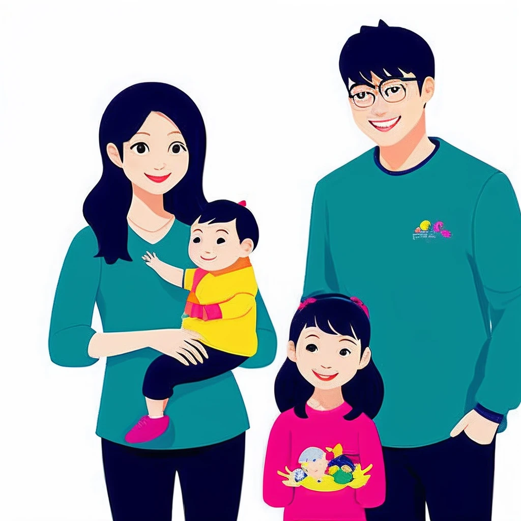 cartoony，Family of three，Korean department，solidcolor，Handsome dad，Beautiful mom，Lovely daughter