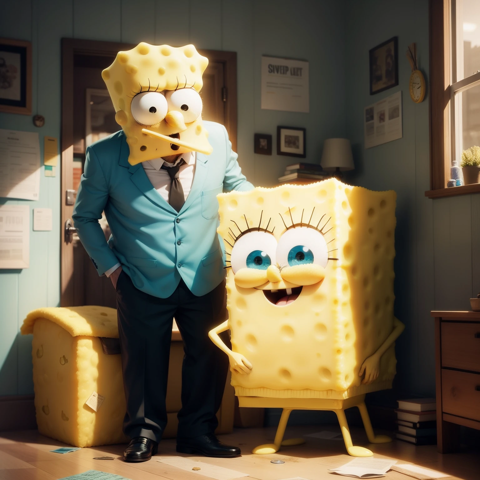 Spongebob squarepants as an midage man getting back from his midperiod work