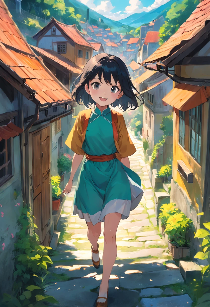 Nori stands amidst the picturesque charm of her quaint town, her smile radiating like a sunbeam. The green hills and charming cottages surround her, while her vivacity seems to infuse life into every corner. The vibrant colors and serene ambiance mirror her dreams of exploration and happiness.