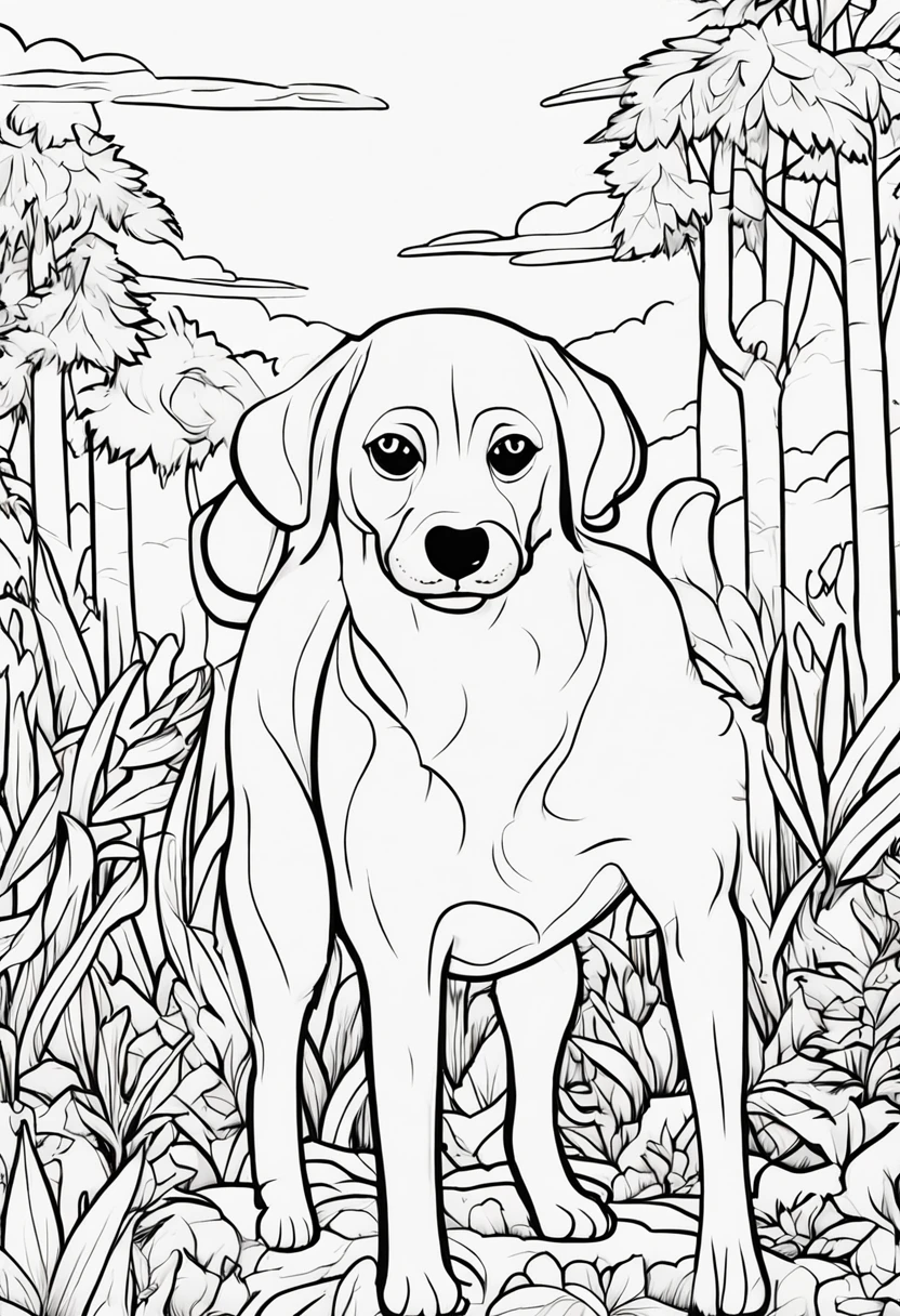 coloring book of a  dog in the forest,cartoon style,thick lines,no color,white background,only strokes