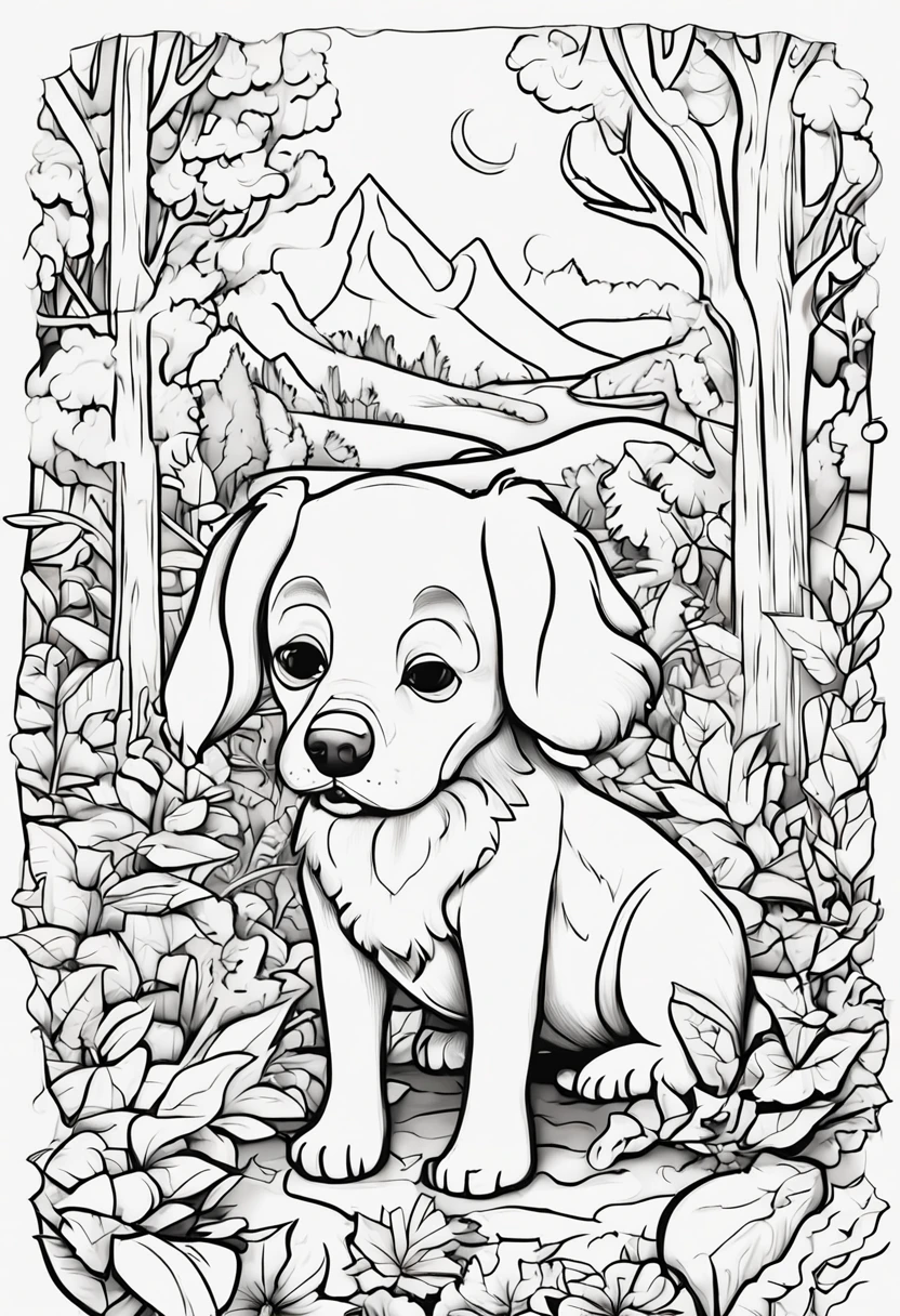 coloring book of a  dog in the forest,cartoon style,thick lines,no color,white background,only strokes
