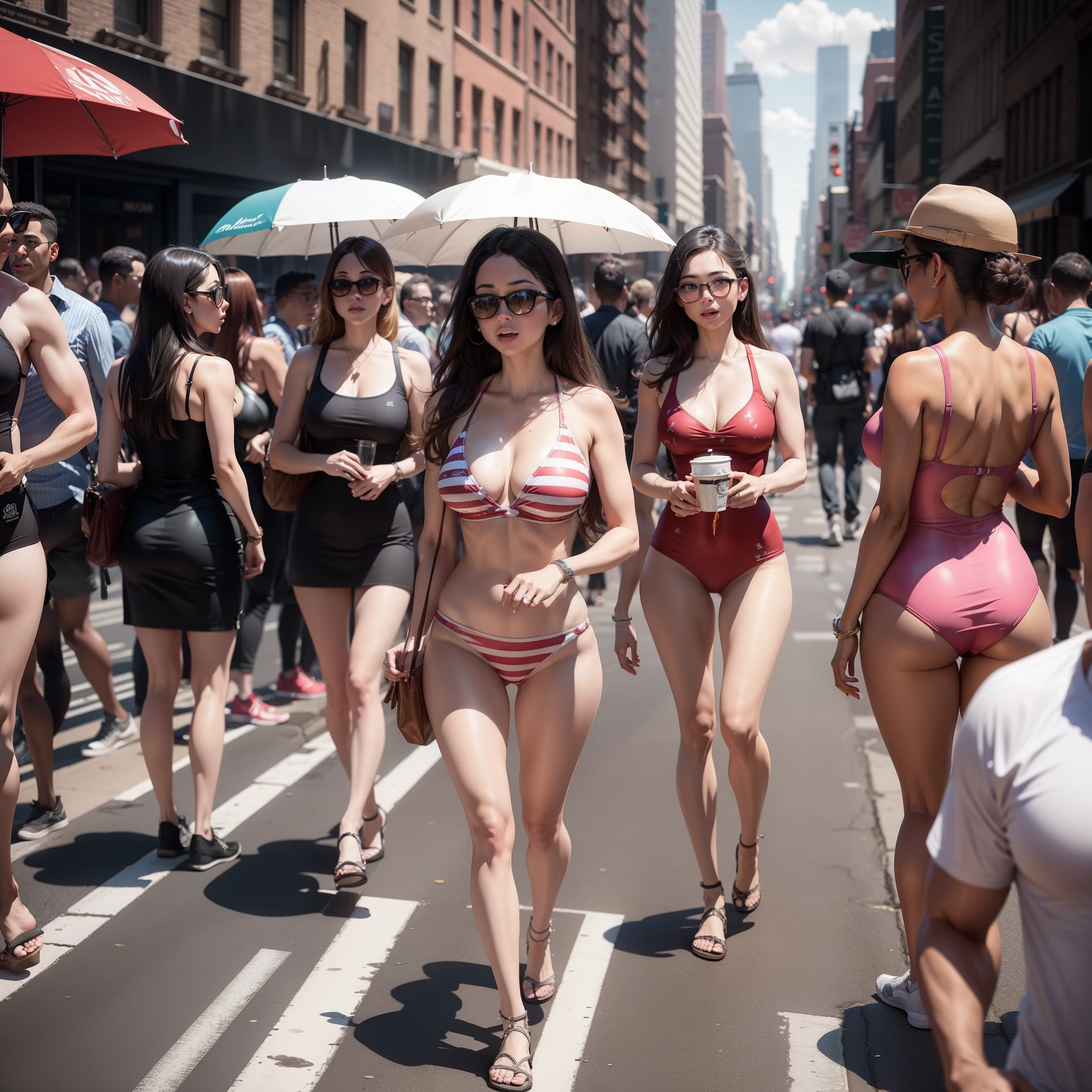 New York City street with all the people in bathing suits.