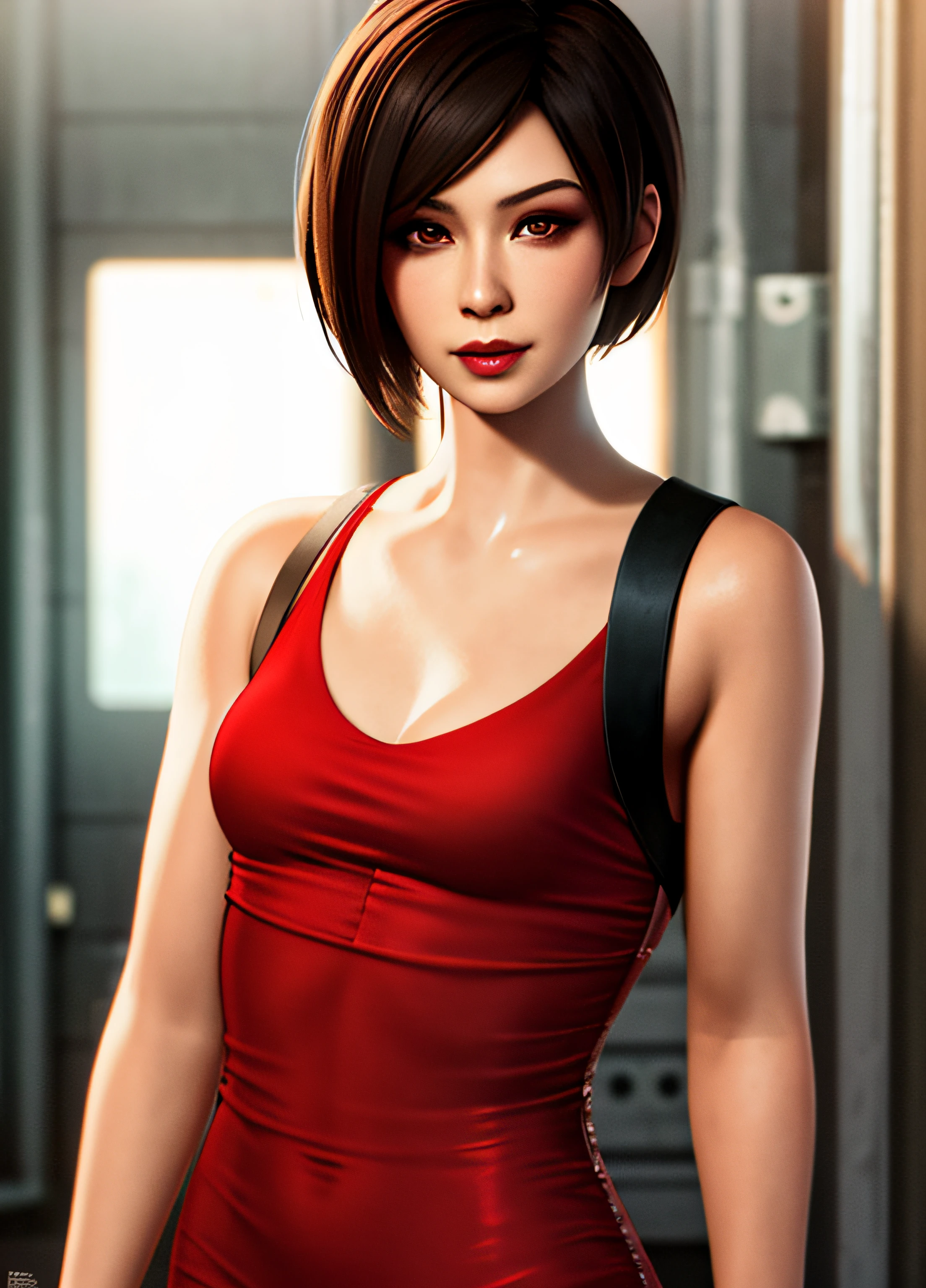 young woman 20 years old, red dress, resident evil style, brown eyes, realistic style, 8k, small breasts, asian, model Ada wong realistic, real photo, realism