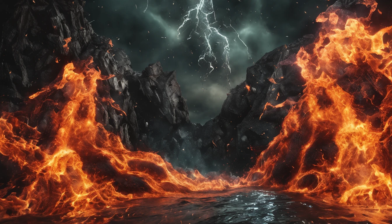 ancient gods, the four elements, air, fire, earth, water, divine tetrads, realistic chaos, world in the making, realistic photo, black photo background.