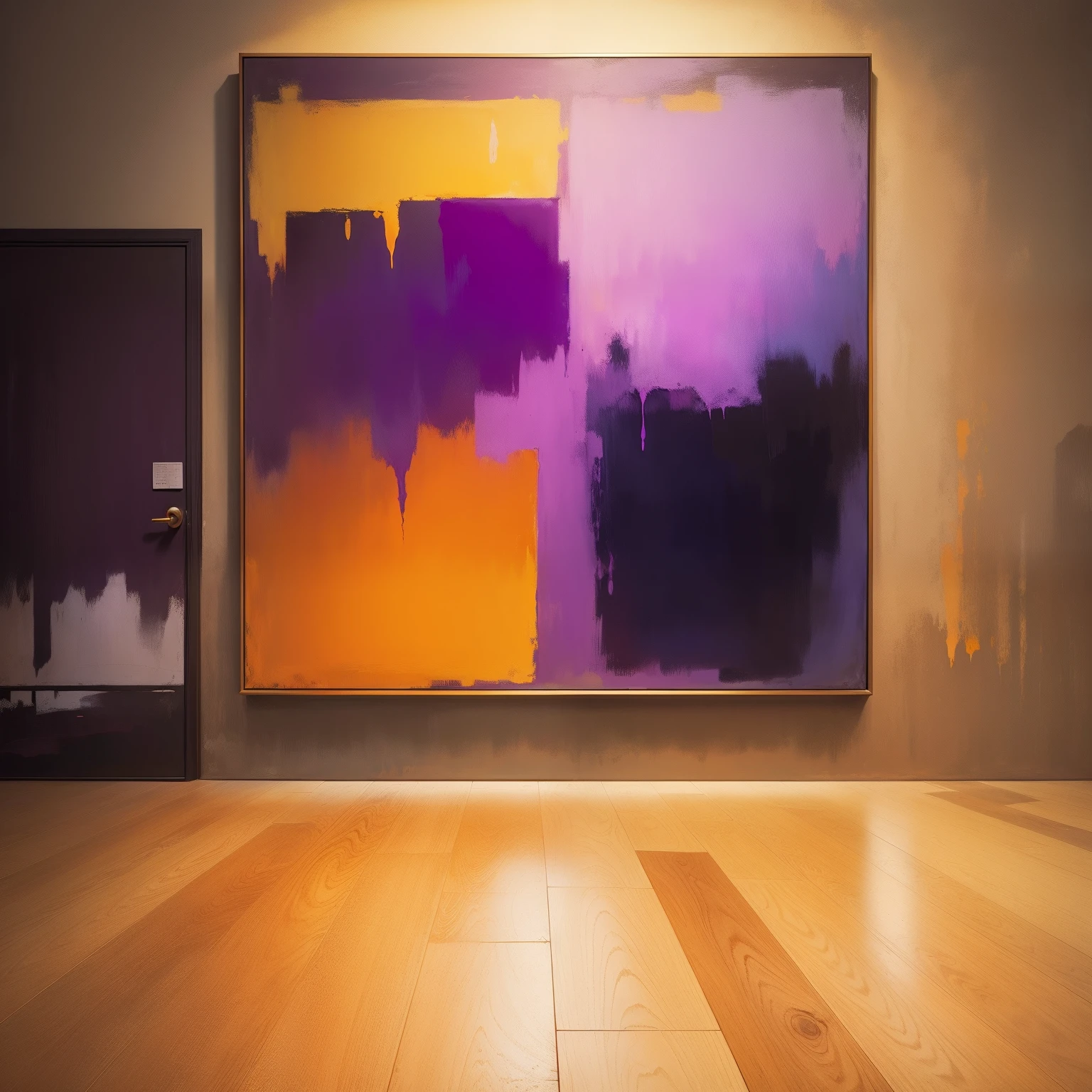 Masterpiece, high art, mark rothko reproduction using California sunset color pallette large canvas and oil paints, large painting on blank wall, abstract expressionism, color layers, rectangles, yellow, orange, purple-violet