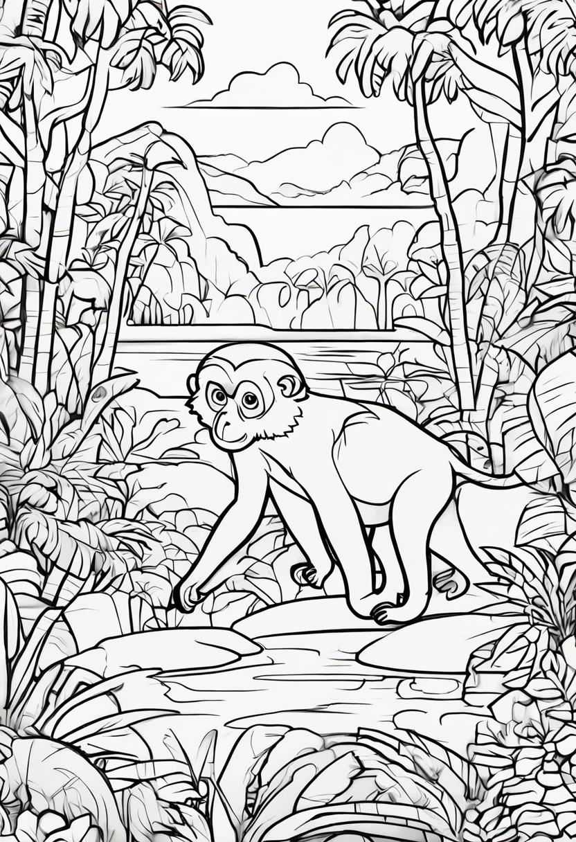 coloring book of a monkey in the forest,cartoon style,thick lines,no color,white background,only strokes