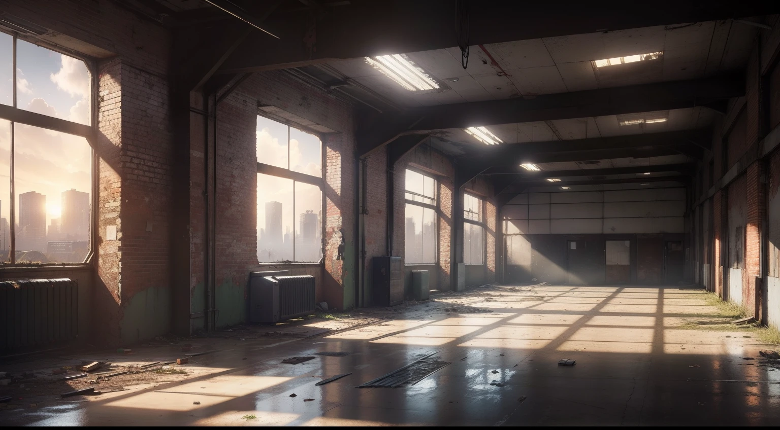 Game lobby background，Abandoned warehouses，Armageddon，The sun can shine in，You can see the city buildings outside the windows，eventide，The warehouse floor was littered with weapons and materiel