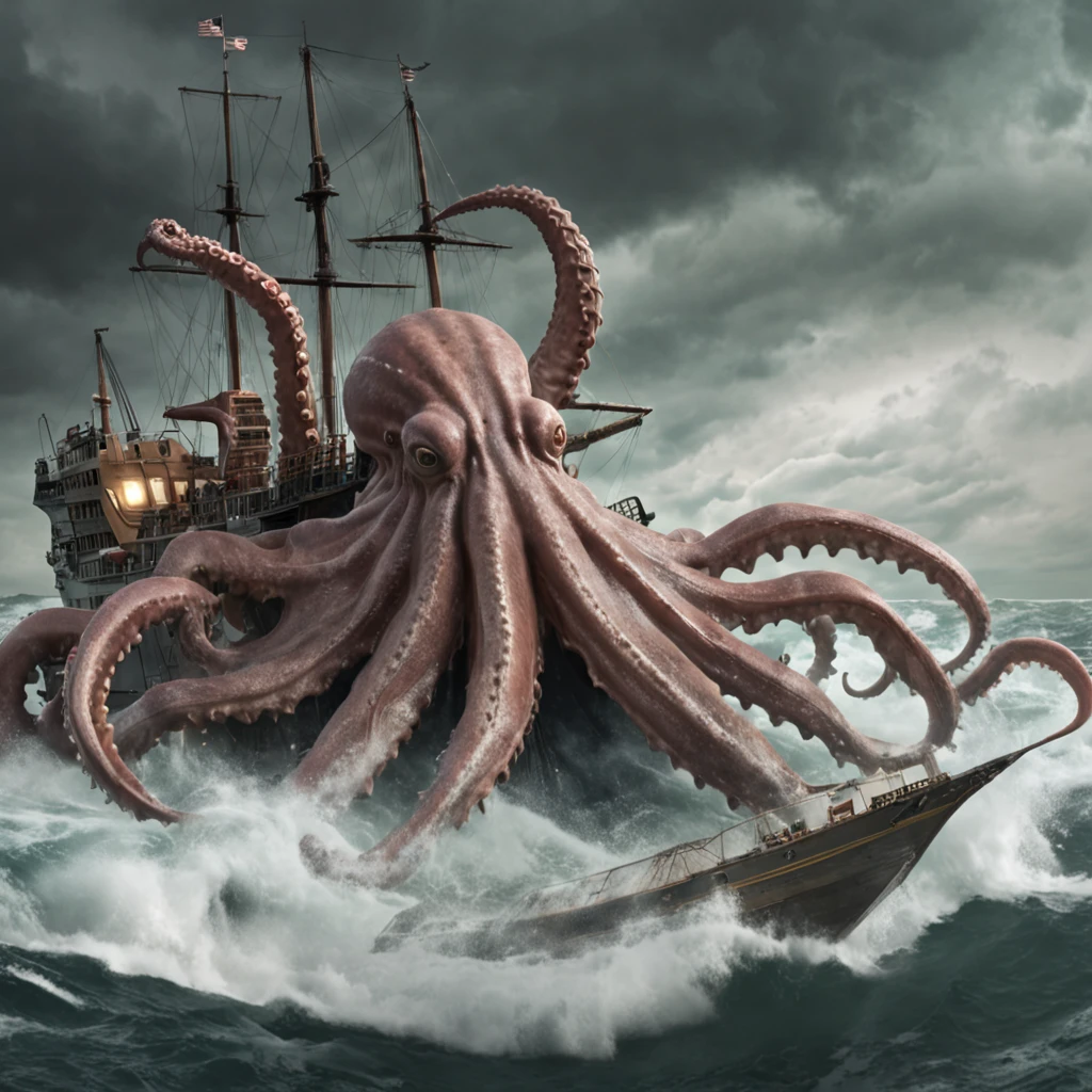 octopus attacking a ship in a storm, Cthulhu rising from the ocean, leviathan Cthulhu squid, Lovecraftian sea creature, photo of Cthulhu, Cthulhu squid, scary sea monster, deep sea monster, giant squids battling in the sky, tentacled creature mix, big long hell serpent octopus