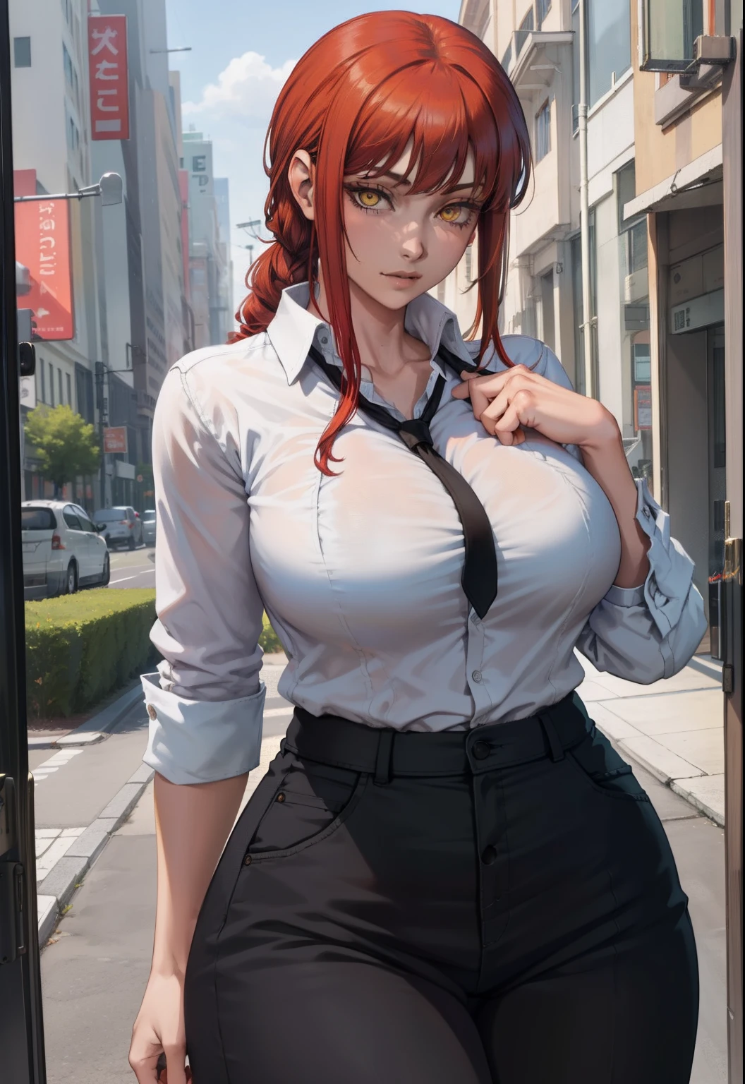 (masterpiece, best quality:1.2), solo, 1girl, ((huge breasts)), red hair, yellow eyes, makima,, unbuttoned shirt with collar, on the chest, a lot of, black unbuttoned pants, wide hips,